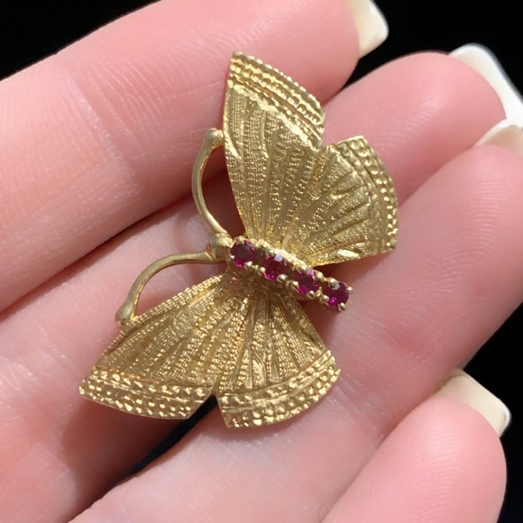 🦋 14K Solid Gold Ruby Butterfly Brooch Pin - Picture 6 of 8